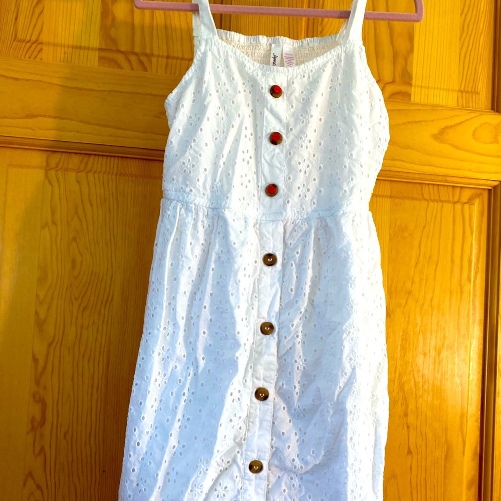Eyelet cutout dress with red-flower buttons
